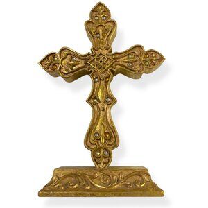 VTG Ornate Gold Heavy Cross Intricate Detailing‎ Religious 12" Tall